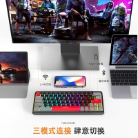 爱国心 GK64 黑色青轴 有线无线三模2.4G蓝牙机械键盘热插拔轴体 RGB幻彩灯光客制化机械键盘64键PBT键帽